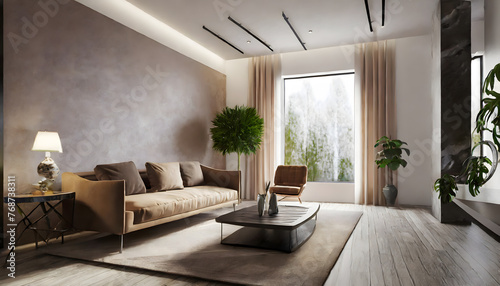 Modern interior design of living room 3D. Generative AI. © hanifa