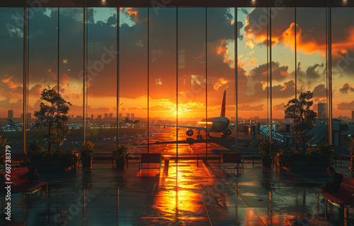 Airport terminal at sunset and airplane taking off at the sunset