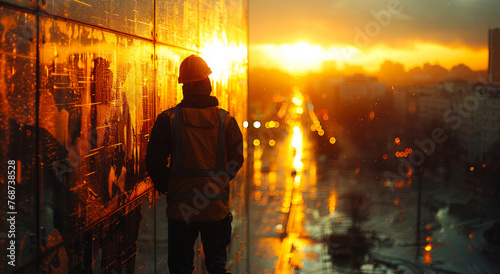 Construction worker stands on rooftop at sunset.