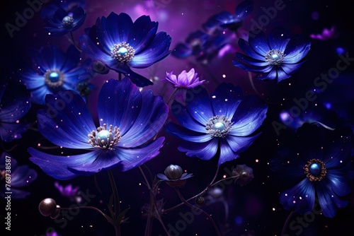 Anemone blue flowers in garden on defocused background