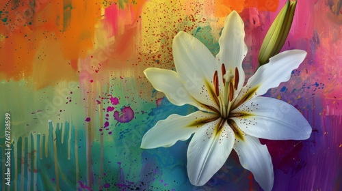  A vivid depiction of a white bloom against a colorful backdrop  featuring a touch of splattered paint