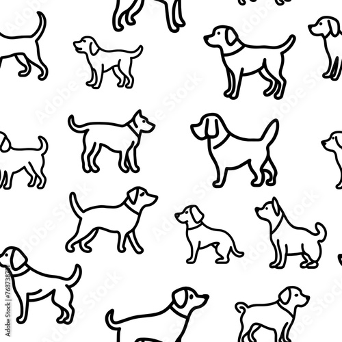 Set of dogs. Vector illustration of an outline of dogs on white. Seamless background. Silhouettes of dogs isolated on white background. Seamless pattern, set of dogs. Template for textile, veterinaria