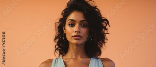 Portrait of beautiful young indian woman with curly hair on orange background .