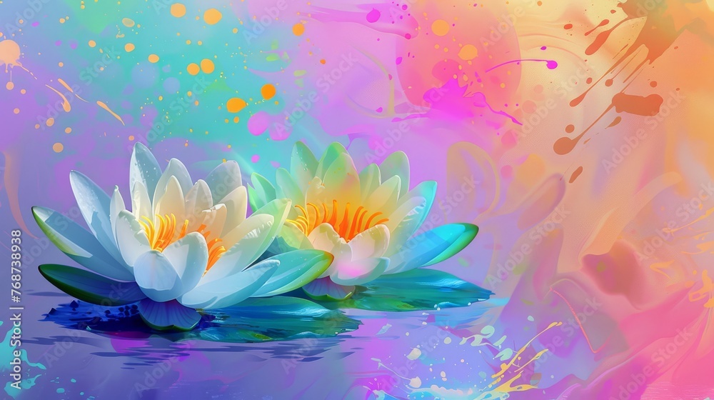  Two water lilies float on a body of water with vibrant paint splashes in the backdrop