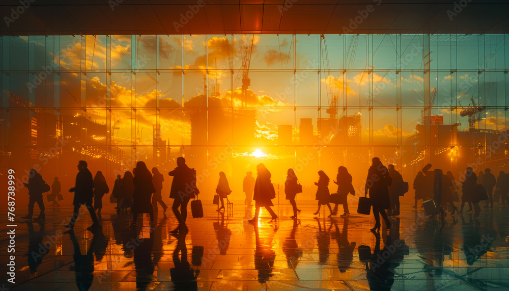 Silhouettes of people walking in the airport terminal at sunset