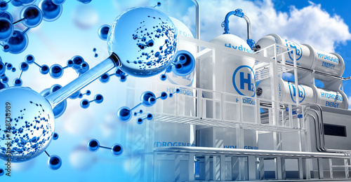 Hydrogen power plant. H2 cells near modern factory. Innovative hydrogen factory. Manufactory producing fuel from water. Green hydrogen production plant. Manufactory with high pressure tanks. 3d image photo