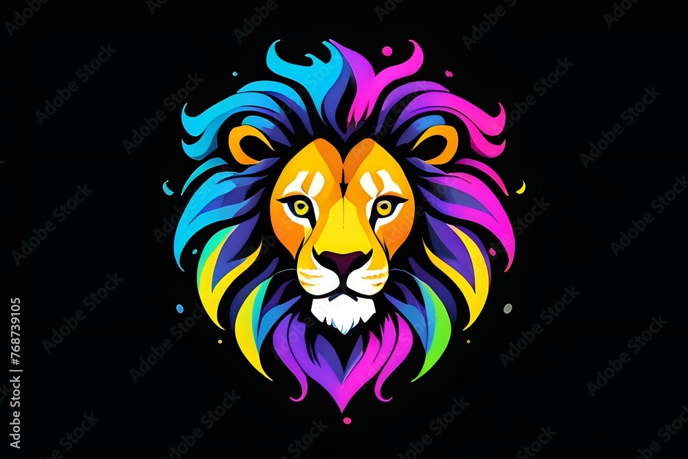 Neon Majesty Lion. A majestic lion head illustration with neon mane, perfect for striking design projects and branding.