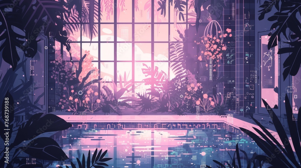  A room containing a pool, flora, and a window offering an outward perspective - obrazy, fototapety, plakaty 