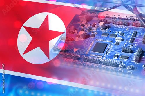 Microplate with North Korea flag. Digital board from DPRK. Microelectronics production in North Korea. Supply of computer equipment. Microplate close up. Concept sanctions for PCB supplies. 3d image