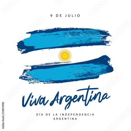 Inscription in Spanish - Viva Argentina - Independence Day of Argentina, July 9th. Argentine flag is hand-painted with a brush.