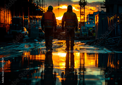 Two construction workers walking on wet road at sunset