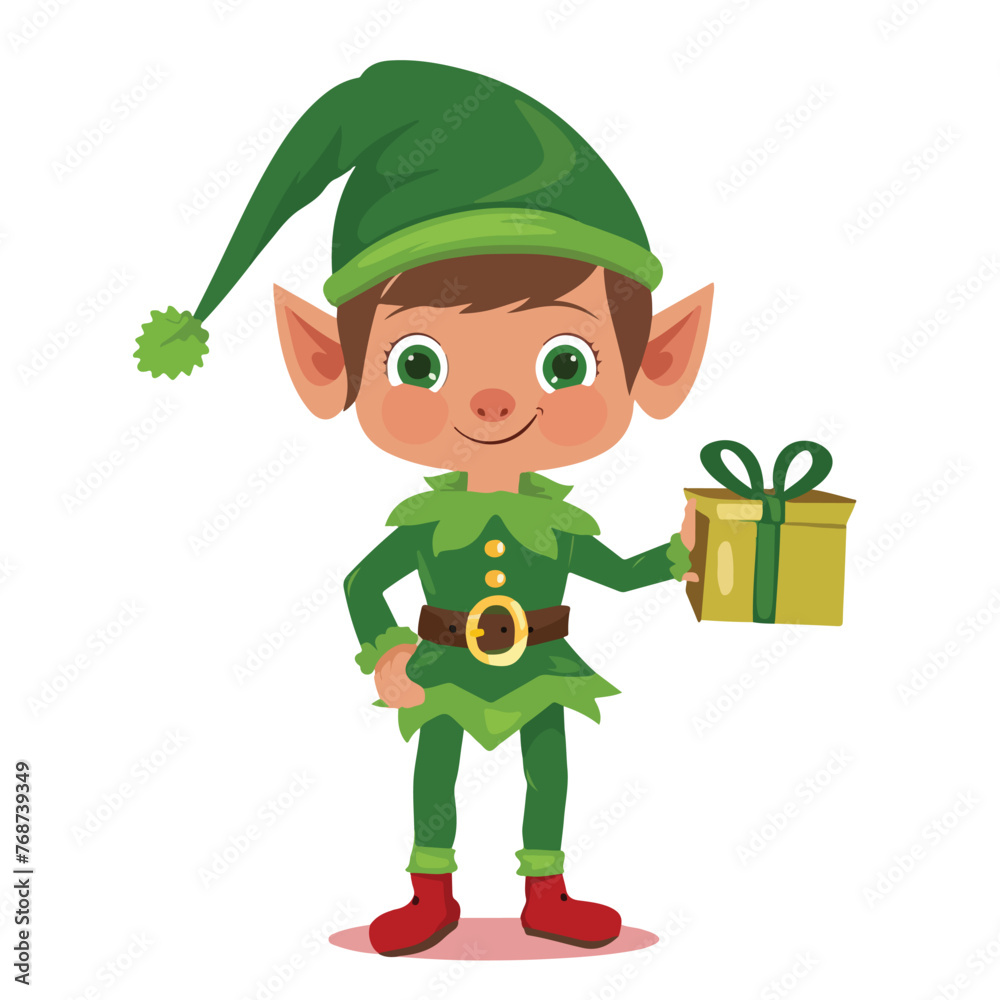 Cartoon christmas elf with gift box icon over white