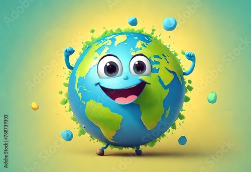 joyful Earth character laughting on blue background. photo