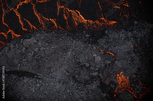 Aerial view of the texture of a solidifying lava field, close-up photo