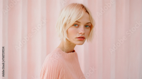 Portrait of a beautiful young woman with short hair in a pink sweater