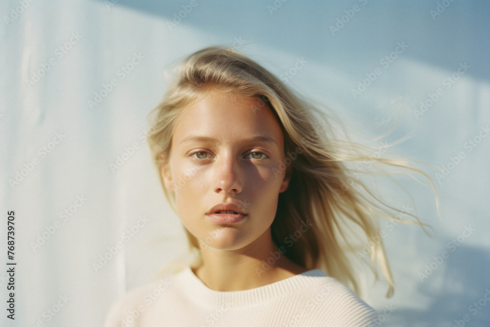 Close up portrait of a beautiful young woman with blonde hair in a white sweater