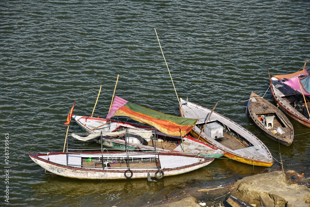  High angle view of boats on Ganges river in Varanasi, India