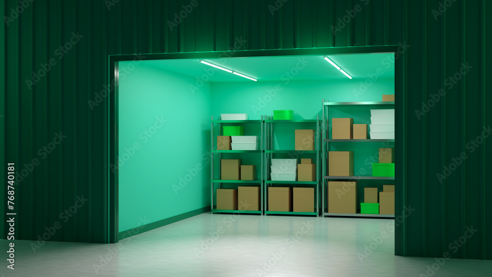 Warehouse space. Storage room with open gate. Warehouse unit with boxes