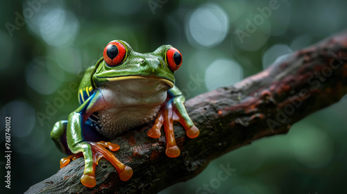 A green frog with vivid red eyes, artistically perched on a tree branch, with a focus on the contrast of colors and natural environment