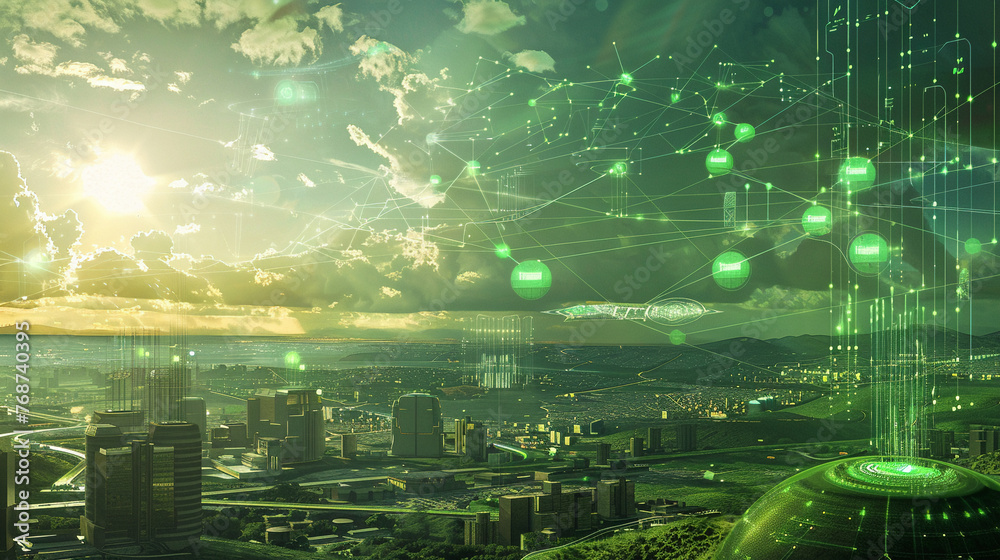 Digital concept art showcasing how internet on the sky technology revolutionizes free flow of payments in a green economy.