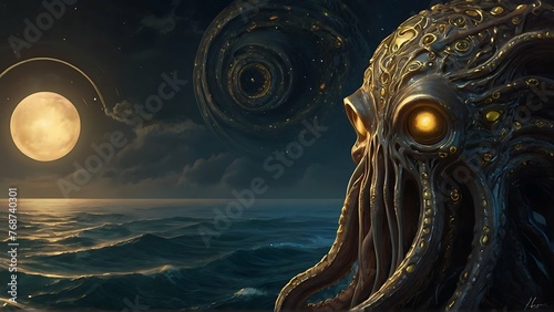 A mesmerizing Lovecraftian luxurious wormhole navigator, shrouded in otherworldly elegance amidst cosmic decrepitude tentacles adorned with intricate golden filigree, shimmering iridescent scales on a © hasnain