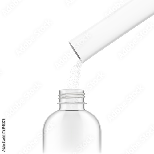 Stick pack pouring powder product on clear bottle. Vector illustration isolated on a white background. Ready for use in presentation, promo, advertising and more. EPS10.