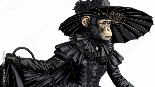  A monkey wearing a black dress, hat with an umbrella, sitting on the ground