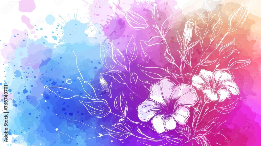 A painting depicts a watercolor-blotched background featuring a splash of paint and an arrangement of flowers, all rendered with watercolors A painting depicts a watercolor-blotched background featuring a splash of paint and an arrangement of flowers, all rendered with watercolors