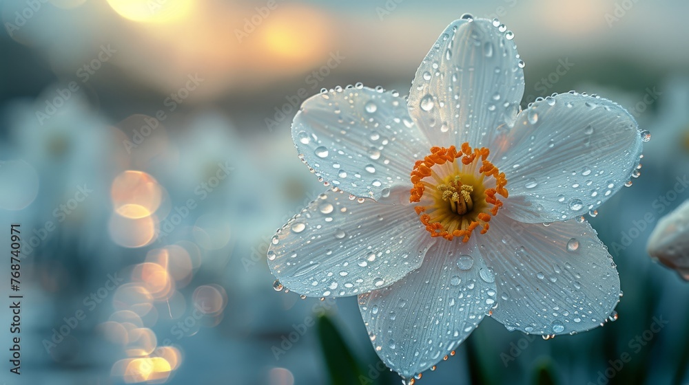  Clear white daffodil with droplets on its petals against a crisp background