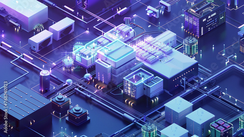 Digital rendering of a decentralized manufacturing hub, symbolizing the fusion of automation, digital economy, and investment.