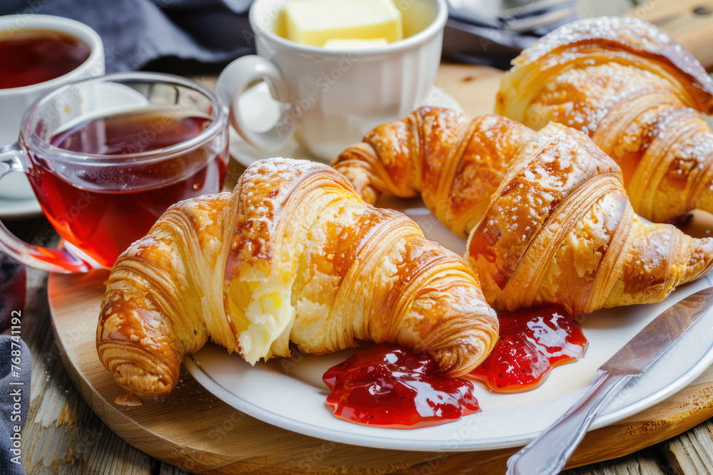 Fresh croissants with jam, butter and cup of tea for breakfast. French dessert.