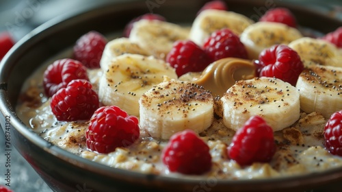  A bowl of oatmeal topped with bananas, raspberries, and a drizzle of peanut butter
