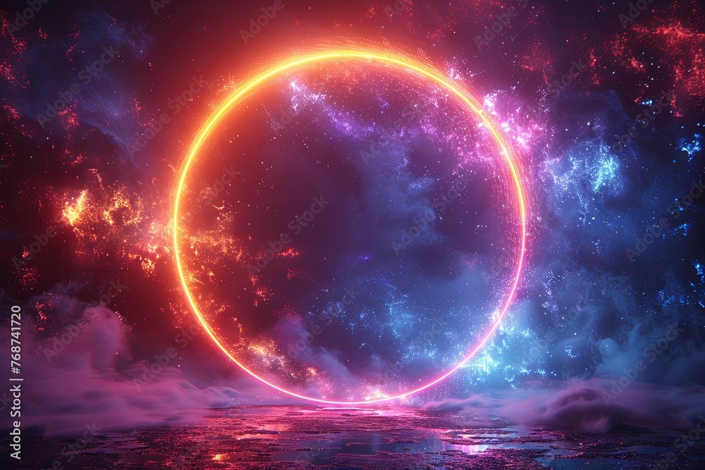 Obraz premium Abstract futuristic background with colorful glowing circular rings on dark blue backdrop. Generative AI