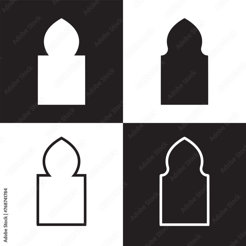 Ramadhan window frame shapes. Vector outline islamic arch and door. Muslim ornament label. Design elements isolated on white background. Label sticker silhouettes. Traditional signs.