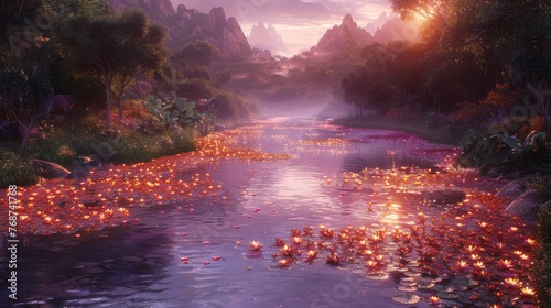  A river, illuminated by countless candles, flows alongside a forest brimming with water lilies, all set against a backdrop of a vibrant purple sky © Nadia