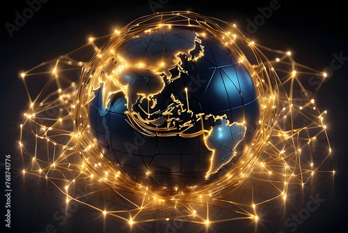 A global network depicted by a shining globe emphasizes interconnected economies. The Concept includes Global Economy, International Trade, Connected Markets, and Economic Interdepe Global Business  photo