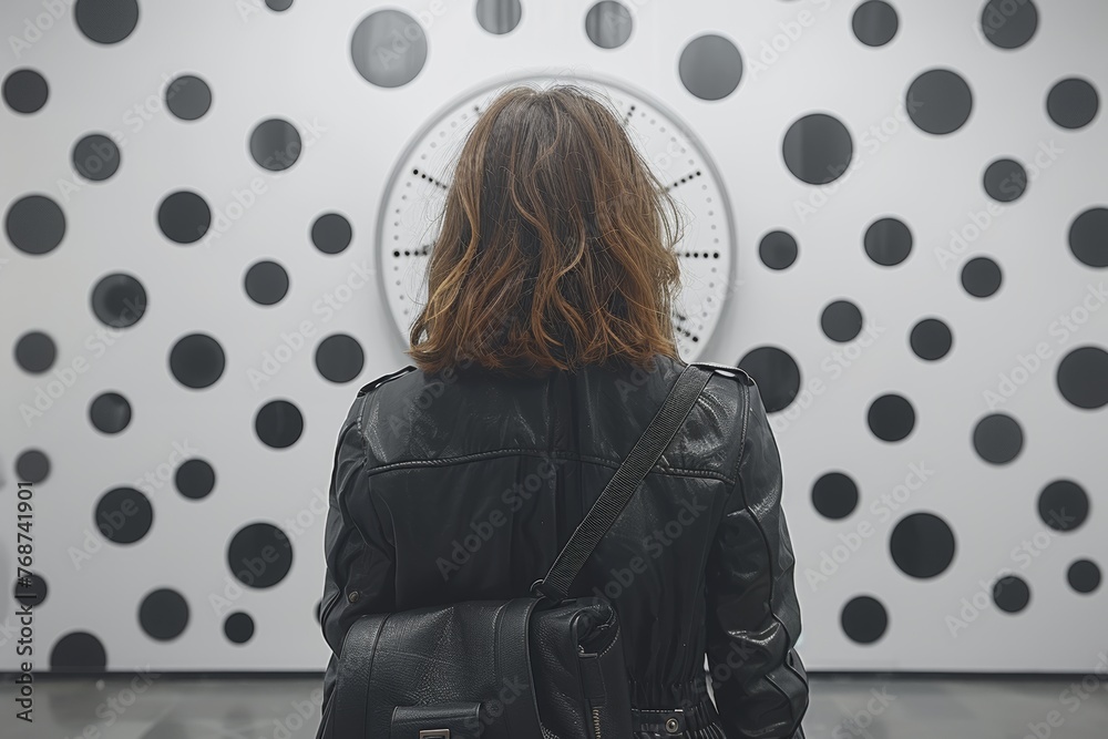 Naklejka premium The conceptual realm where the passage of time is depicted through the symbiotic relationship between a woman and a clock, with dots painting various life events or stages