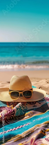 A breezy, sunlit scene of a wide-brimmed straw hat and oversized sunglasses resting on a soft, sandy beach, clear blue sky, evoking the ultimate summer relaxation created with Generative AI Technology