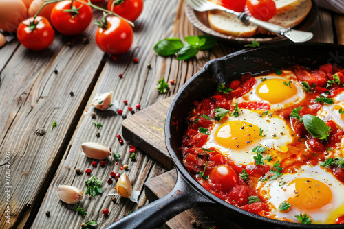 Shakshuka eggs in a pan with tomato, spice, green and sauce. Traditional Jewish scrambled eggs.