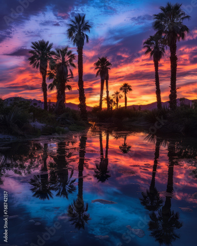 Vivid sunset skies casting a colorful reflection over calm waters surrounded by silhouetted palm trees for a perfect tropical scene