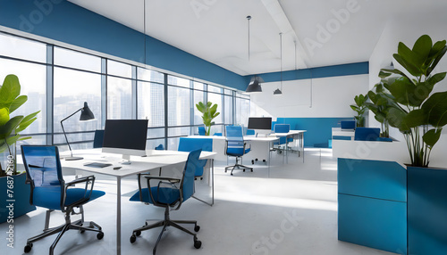 Modern white and blue open space office interior . Generative AI.