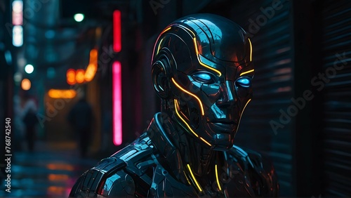 In a dimly lit alleyway, a mesmerizing android stands tall, its metallic exterior gleaming under neon lights. The photograph captures the android's sleek, futuristic design in stunning detail. Its glo