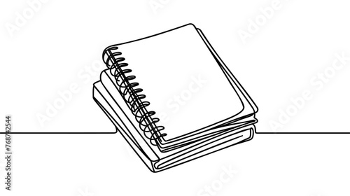 Single continuous line drawing of notebook or notepad with a pencil above work desk. Writing business draft on office notes concept. Trendy one line draw design vector graphic illustration.