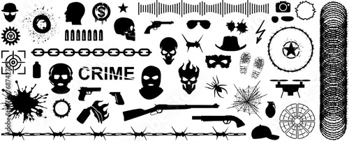 Vektor Set Design Elemente - Kriminalität - Terror - Verbrechen - Symbole und Silhouetten - Einsatz Kommando Militär