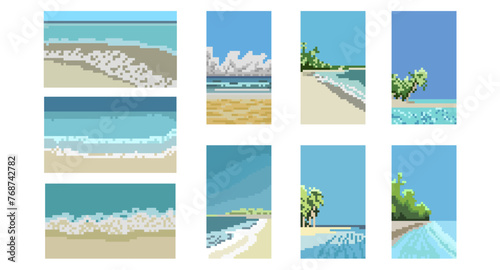 set Pixel beach background. Blank yellow sandy beach surf foam in vector ocean 8 bit 16 bit game retro