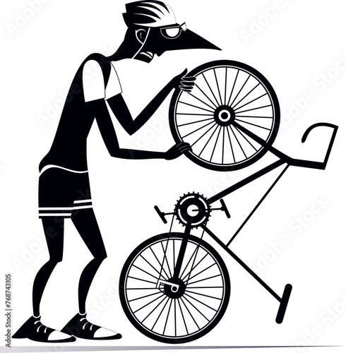 Cyclist and a broken bicycle. Sportsperson repairs the bicycle. 
The cyclist repairs wheel on the bicycle. Black and white illustration
