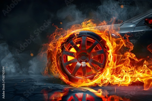 Fiery Car Wheel Ablaze with Raging Flames on Dark Background