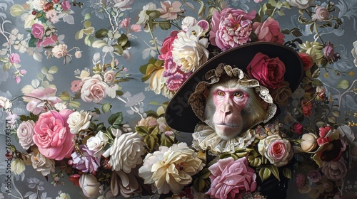  A monkey wearing a hat adorned with flowers against a wallpaper featuring pink and white blossoms
