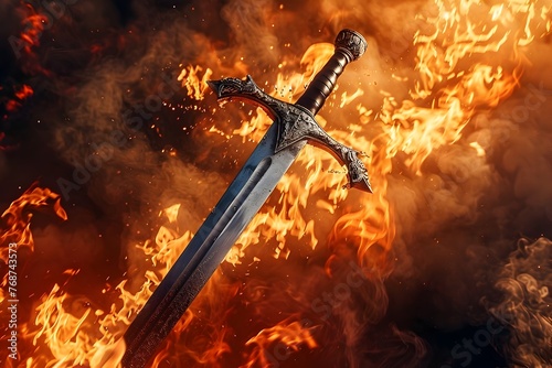 Fiery Sword of Vengeance:A Dramatic Medieval Battle Scene with Blazing Flames and Explosive Energy photo
