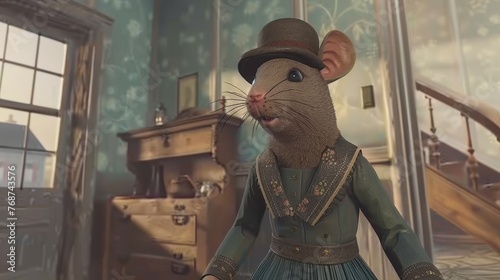 A dressed mouse, holding a top hat, stands in front of a green staircase and a wall clock photo